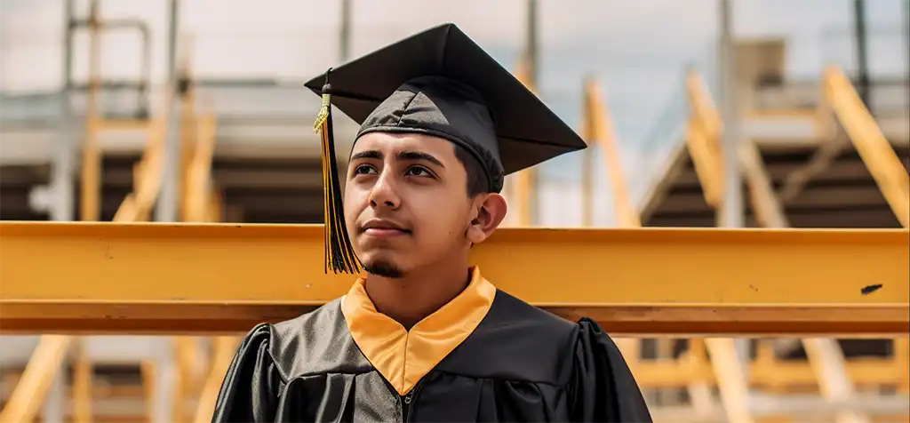 Graduate standing in front of scaffolding on a work site.