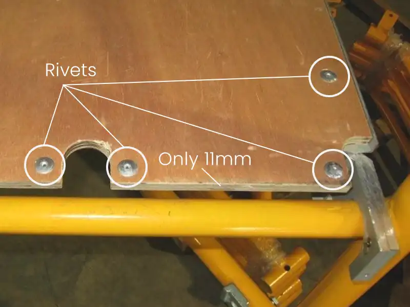 Cheap walkboard plywood Example of cheap plywood showing riveted corners and thin plies.