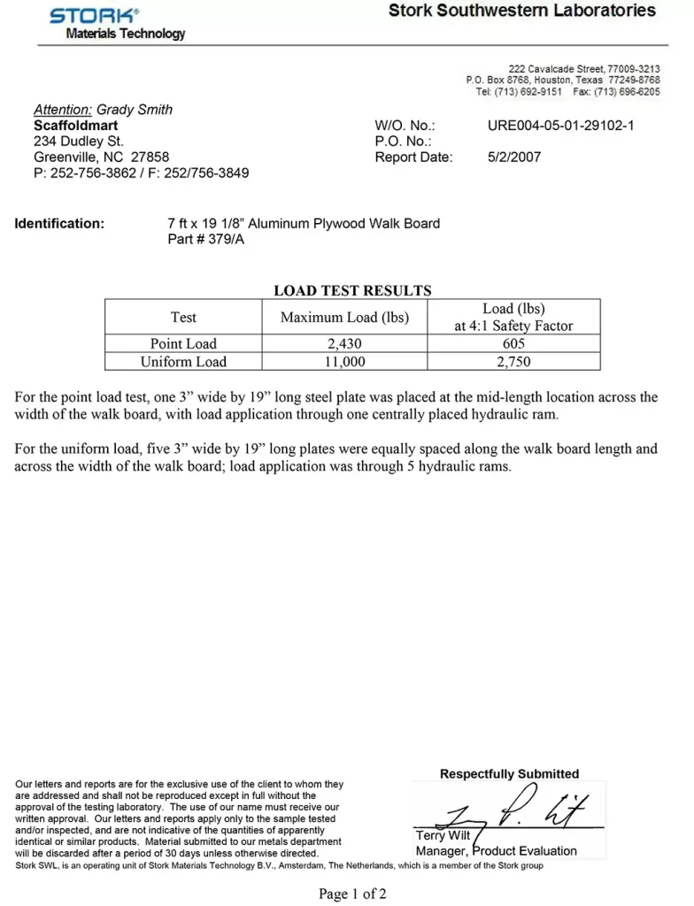 Walkboard Load Test 1 page 1
