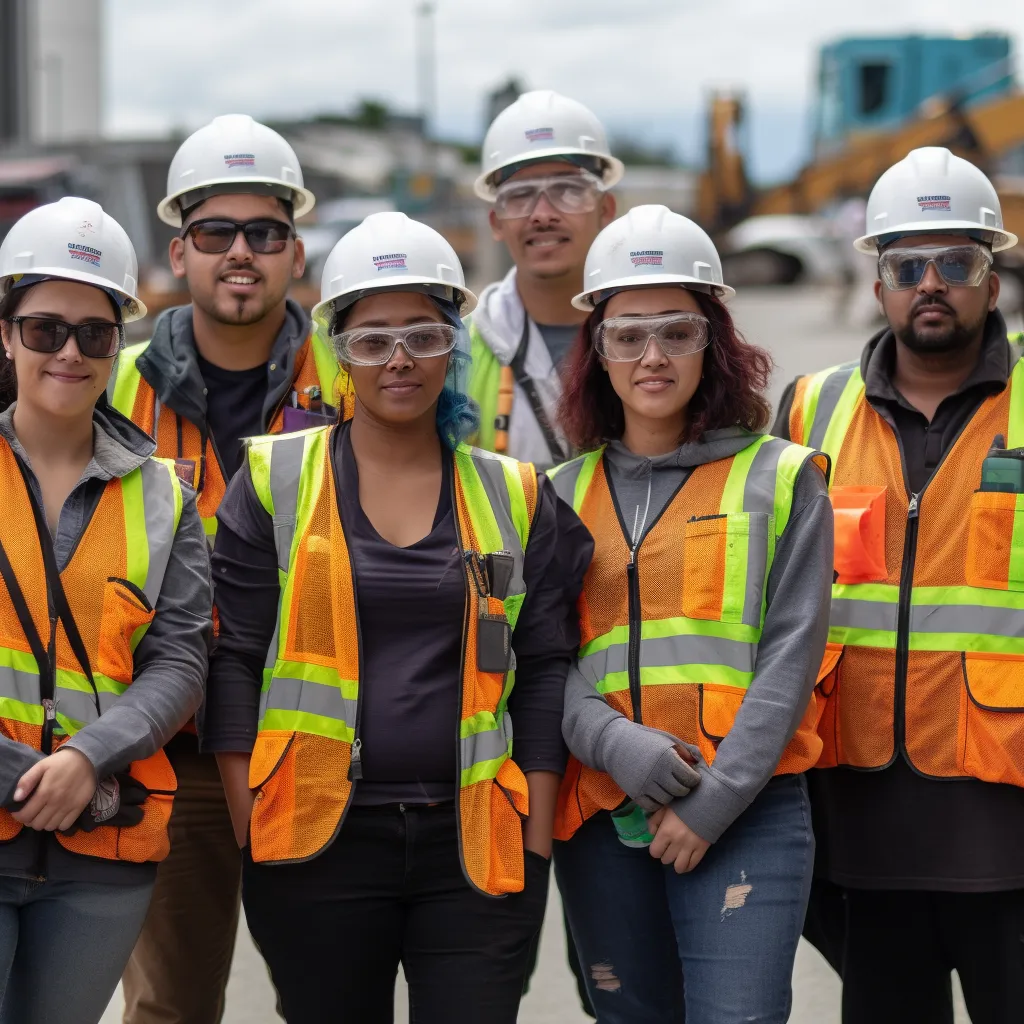 Construction workers on a job site wearing safety gear.